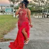 Shine Red Prom Promes с пером блестящей блестящей русалкой Aso Ebi Promdress Элегантное вечернее платье с чернокожими женщинами 2024