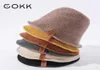 COKK Bucket Hat Women Wool Knitted Solid Color Fisherman Hats For Women Warm Winter Hat Cap Leather Label Vintage Korean Gorros 229640540