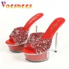 Pantoufles de semelle épaisse noire Femmes 15 cm Talons hauts minces Bling Sandales de plate-forme en cristal transparent à paillettes 2024 Chaussures féminines d'été