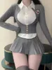 Skirts College Style Kawaii 3 Piece Set Women Korean Fashion Sweet Mini Skirt Suit Female Holiday Gray French Vintage Clothing 2024