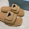 Italian brand slippers Lafia flat sole designer sandals natural color smooth and exquisite texture woven by Lafia give this brand shoe an enamel metal triangle logo P