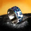 Полоса кольца Классическая эпоксидная эмалевая эмаль Blue Flower Ladies Ring 925 Серебро для ювелирных изделий Свадебная свадьба H240425