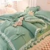 sets Pink Lace Ruffle Bowknot Duvet Cover Bed Skirt Linens Pillowcases Luxury Bedding Set For Girls Woman Decor Home