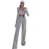 Women's Two Piece Pants Women Woolen Long-Sleeved Hooded Zipper Top Straight Loose Slimming Mopping Casual Sets