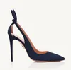 豪華なデザイナーサンダル女性ポンプaquazzura- bow tie pump suede革先の尖ったつま先の切り抜きスリングバックレディウェディング花嫁ドレスシューズeu35-43