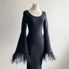 Casual Dresses Fashion Women's Black Long Sleeve Feathers Cuffs Female Feather Boutique Celebrity Cocktail Party Bandage Dress S6497