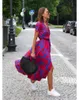 2024 Designer Salia feminina verão Novo decote em V Lady-up Lady Floral Dress Blual Purple Rosa Urban Fashion Clothes S-2xl