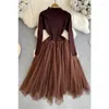 Casual Dresses VANOVICH Autumn And Winter Korean Style Long-sleeved Stand-up Collar Waist Slim Gauze Stitching Irregular A-line Female Dress