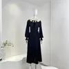 Casual Dresses Collection Top Quality Wool Knitted Beige Black Long Sleeves Bow Flounced Edge Patchwork Belted Midi Dress For Women