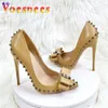 Brown with Bowknot Rivets Pumps 12CM Thin Heeled Shallow Mouth Women Shoes Night Club Plus Size Fashion Pointed Toe High Heels