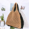 Drawstring Summer Woven Beach Bag Women Mesh Rope Weaving Reticulate Hollow Straw No Foded Net Ladies Shoulder Påsar