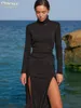 Casual Dresses Clacive Bodycon Black Knitted Dress Fashion Turtleneck Long Sleeve Midi Elegant Bandage Hollow Out Slit For Women