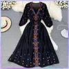 Casual Dresses Women's Dress Spring Summer Ethnic Style Waist Slim Embroidery V-Neck Black Seaside Holiday Bohemian Female Long Vestido