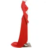 Casual Dresses OMSJ 2024 Red Floor Length Evening High Neck Cross Folds Hollow Out Sexy Wrap Hip Long Dress Formal Prom Party Club Gown