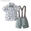 Kleidungsstücke Jungen Bogen Gentleman Kleidung gedrucktes Hemd+gelbe Shorts mit Anhänger Kinder Urlaub Kurzärmel Set Q240425