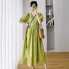 Maternity Dresses Green Pregnant Women Dress Short Sleeve V-Neck High Waist Maternity Cotton Dress Plus Size Pregnancy Holiday Clothes Beach Dress