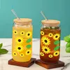 Tumblers 1 Piece Green Leaf Sunflower With Bamboo Lid Glass Straw Ice Cream Drink Bottle Suitable For Hot And Cold Drinks In Summer H240425