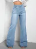 Jeans féminins Benuyffy Fashion Pocket Front Loose Lot Wide Jame pour les femmes American Vintage décontracté Baggy Denim Long Streetwear