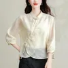 여성용 블라우스 새틴 셔츠 여름 자수 중국 스타일 느슨한 긴 소매 빈티지 여성 탑 패션 의류 ycmyunyan