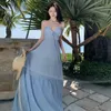 Casual Dresses Women Blue Sexy Club Backless Bandage Long Dress Summer Vacation Birthday Party Bridesmaids Evening Pleated Robe