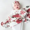 Ställer in nyfödd baby wrap tyg nyfödd kanin öronhatt halsduk tryckt paket filt wrap scarf hatt set baby föremål baby sängkläder