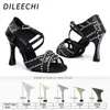 Chaussures de danse Dileechi Femmes latin noirs Satin strass avec net salsa fête squre salle de bal danse haute cuba talon 9cm