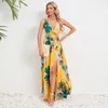 Casual klänningar 2024 Summer kvinnlig golvlängd lång kjol kamisol tryck färgglad klänning dubbel v-ringad ärmlös för pendlingsfest