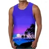 Herrtankstoppar palmträd grafisk topp för män 3d tryck ärmlösa strandmän överdimensionerade Hawaii väst t-shirt kläder