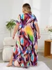 Plus Size Dresses Bohemian Printed Sexy V Neck Kort ärm Loose Dress Tunika för kvinnor 2024 Summer Beachwear Moo Q831