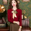 Kvinnors blusar Bow Tie Topps Women Korean Style Design Clothes Flare Sleeve Elegant Office Lady Sweet Ribbon Sweet Basic Shirts 1628