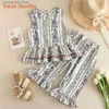 Clothing Sets Bear Leader Korean Childrens Clothing 2023 Summer Girl Set Girl Tank Top Pants Two piece Childrens Beach Resort Set Exotic Q240425