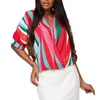 Kvinnors blusar 2024 Spring/Summer Short Sleeve Shirt Stripe Print Pullover Loose Top Sexy Fit