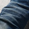 Erkekler kot caddesi tarzı moda erkekler retro koyu mavi streç sıska fit yırtılmış deri yamalı tasarımcı hip hop marka pantolon