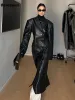 ジャケットnerazzurri春秋の贅沢長い黒い黒の装着PUレザートレンチコート女性ショルダーパッド