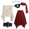 5 PCS Femmes Pirate Costume Blouse Tops Corset Taist Belt Pirate Jupe Stripes Headscarf Halloween