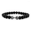 Charm Bracelets Natural Stone Dumbbell Beaded Bracelet For Men Classic Matte Black Volcanic Women Barbell Fitness Jewelry Gift