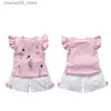 Kleidungssets Sommer zweiteiliger Damen Kleidungsstück Set Baby Set plissierte Kurzärmel-T-Shirt-Hosen 2pcs Set niedliche Bogenkinder lässig Kleidung A515 Q240425