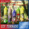 Tornado Uzy d'origine 20000 Puff 20000 Vapes jetables Pen E Cigarette 0% 2% 3% 5% Vaporisateur Recharge rechargeable 850mAh Batterie préfabillée 28 ml Double Mesh Coil Pods