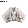 Xeasy Women Fashion 2 -Piece Set Vintage Flowers Batwing -Ärmel bestickter Hemd weibliche High Taille Minirock süße Anzüge 240423