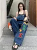 Jeans pour femmes vintage denim salopes femme kawaii lettre broderie pantalon de jean baggy lâche