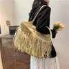 Drawstring Bohemian Tassel Hollow Tote Bag Designer Straw Woven Women Handväskor Sommarstrandsäckar Casual Bali axel