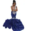 Sparkly Blue Mermaid Prom Dresses 2024 Plus Size Sequin Crystal Beaded Evening Dress Sweep Train Ceremony Formal Occasion Dress Aso Ebi Black Girls Birthday Dress