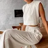 Le lin d'été set des pyjams pour les femmes 2 pièces Fashion Sexe Lace Lace-Up Crop Tops Elastic TAILLE LOBLE LONG PANT