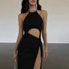 Vestidos sexy urbanos xeemilo Party de graduación sexy Black Long Dress Elegant Wollow Hollow Out High Divish Summer Vestidos Fashion Sweet Lace Up Robel2404