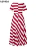 Urban Sexy Dresses VONDA 2024 Women Sexy Off Shoulder Elegant Stripe Printed Maxi Dress Casual Loose Long Sundress Short Sleeve Bohemian VestidosL2404