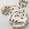 Rompers 2 Pcs Baby Girls Polka Dots Romper + Bow Headband Soft Breathable Infant Short Puff Sleeve Jumpsuit 0-24Months Newborn Clothing H240425