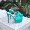 Sandals Surkova Turquoise Satin Cloth Platform Modern Slippers Stiletto Heels Slip-on Triple Silk Straps Dress Pumps Size46