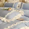 Ställer in elegant spets sängkläder uppsättningar lyxiga sängkläder prinsessa tvättad bomullsruffa täcke täcke lakan och örngott för tjej lyx