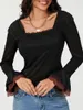 Kvinnors T-skjortor Fashion Womens Spring Autumn Slim Tops Black Long Fleche Sleeve Square Neck spets T-shirt Skin Friendly S M L