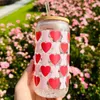 Tubllers Red Love Heart Picie Glass z bambusową pokrywką słomką mrożoną kubkę prezent dla par znajomych letni puchar H240425